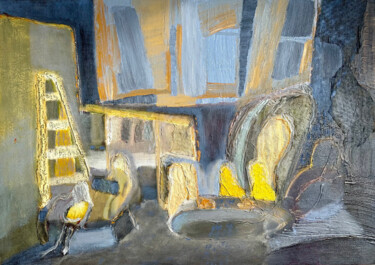 Painting titled "Yellow Blue Grey Ab…" by Ekat Abro, Original Artwork, Oil Mounted on Cardboard