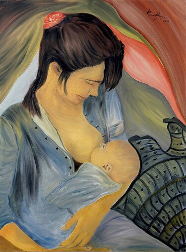 Malerei mit dem Titel "Woman Nursing Baby." von Rodolfo V Ortiz, Original-Kunstwerk, Öl