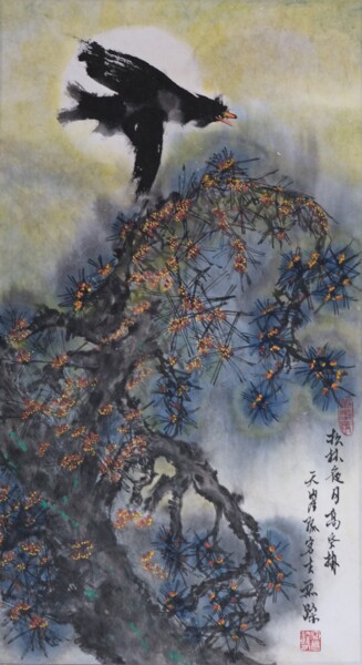 Peinture intitulée "Flying Over Moonlit…" par Freehand Styler, Œuvre d'art originale, Encre