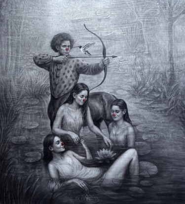 Drawing titled "Susurro" by Angel Leon, Original Artwork, Charcoal Mounted on Wood Stretcher frame