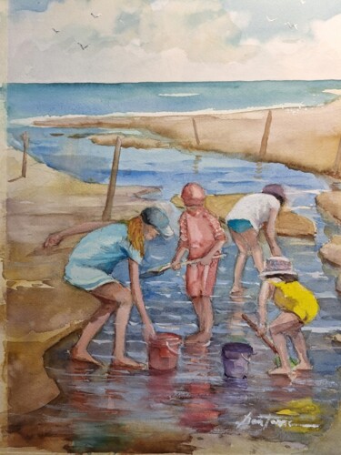 Schilderij getiteld "jeux de plage 2" door Jean Senterre, Origineel Kunstwerk, Aquarel Gemonteerd op Karton