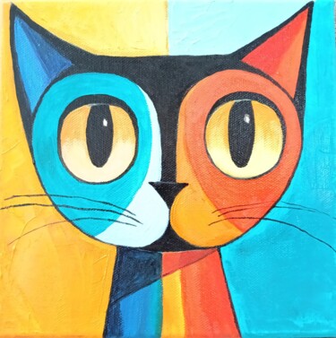 Painting titled "Abstract Cat Portra…" by Nata Tiunova, Original Artwork, Oil Mounted on Wood Stretcher frame