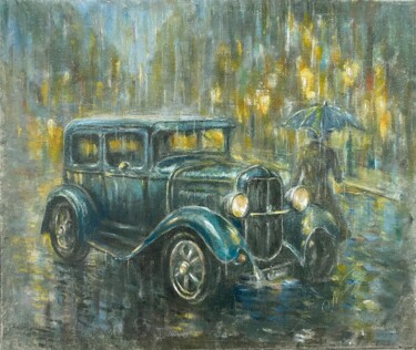 Painting titled "Retro Rain" by Natalia Pettersson, Original Artwork, Oil