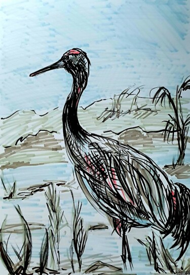 Dessin intitulée "Kranich im Feld III" par Anne Goldhahn, Œuvre d'art originale, Marqueur