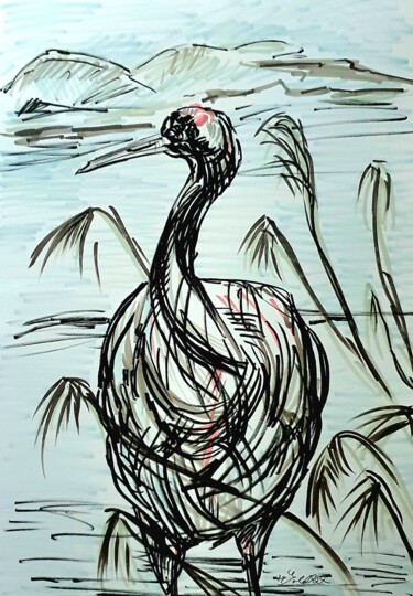Zeichnungen mit dem Titel "Kranich mit Strauch" von Anne Goldhahn, Original-Kunstwerk, Marker