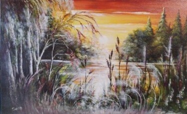 Painting titled "Tramonto" by Artesam, Original Artwork, Acrylic Mounted on Cardboard