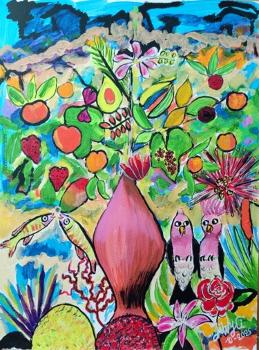 绘画 标题为“2 Poissons, 2 Cacat…” 由Jean Yves Chevallier, 原创艺术品, 丙烯 安装在木板上