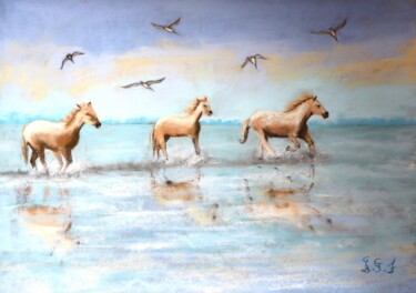 "Chevaux camarguais" başlıklı Tablo Genevieve Fraysse tarafından, Orijinal sanat, Pastel