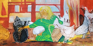 "Feeding Chickens" başlıklı Tablo Renate Kock tarafından, Orijinal sanat, Akrilik Ahşap Sedye çerçevesi üzerine monte edilmiş