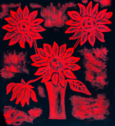 Painting titled "Red sunflowers on b…" by Irina Afonskaya, Original Artwork, Acrylic