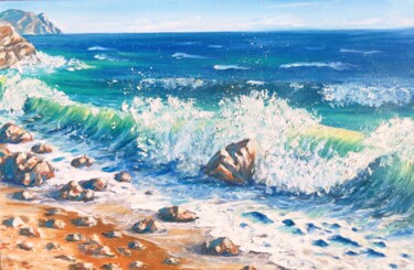 Painting titled "Seascape with Surf…" by Irene Prosper, Original Artwork, Oil Mounted on Wood Stretcher frame
