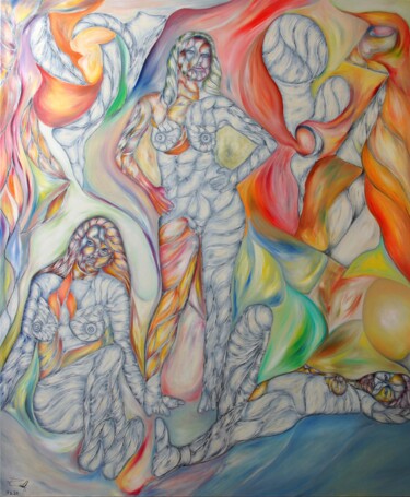 Painting titled "Nude Women by the R…" by Rodolfo V Ortiz, Original Artwork, Oil