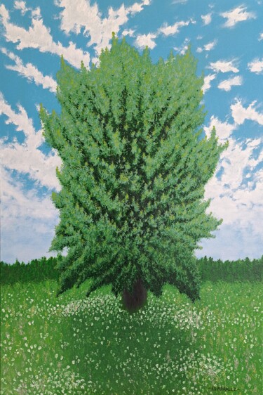 Malerei mit dem Titel "CORKY'S TREE" von Ed Moralez, Original-Kunstwerk, Öl Auf Keilrahmen aus Holz montiert