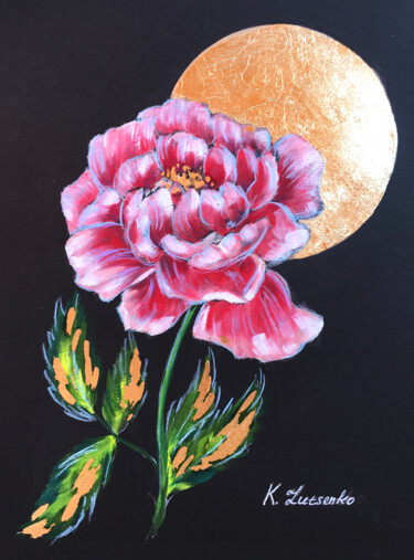 Malerei mit dem Titel "Gold Peony" von Ksenia Lutsenko, Original-Kunstwerk, Gouache