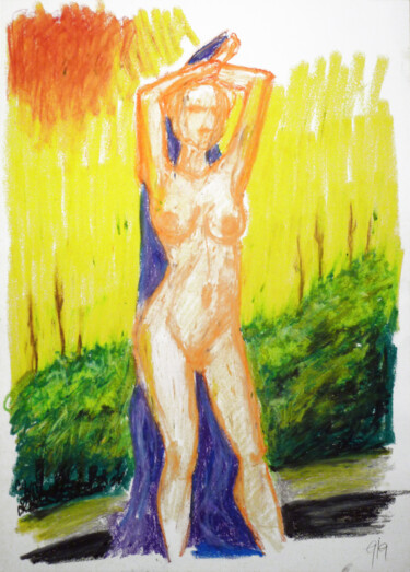 Drawing titled "Mit Tuch vor Buschw…" by Götz Wiedenroth, Original Artwork, Wax