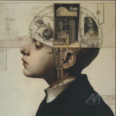 Digitale Kunst mit dem Titel "The Boy with a Cloc…" von Suima, Original-Kunstwerk, KI-generiertes Bild