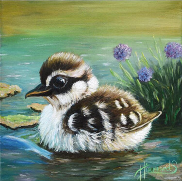 Картина под названием "Boule de duvet" - Sylvie Hiernard, Подлинное произведение искусства, Масло Установлен на Деревянная р…