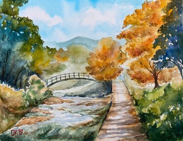 Pintura titulada "Autumn Stream in th…" por Olga Kaskevych, Obra de arte original, Acuarela