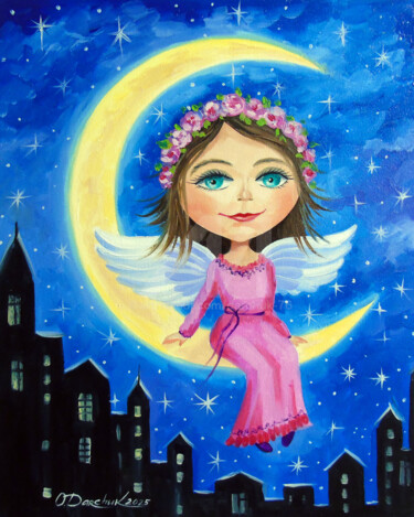 Картина под названием "Angel of the Night" - Olha, Подлинное произведение искусства, Масло Установлен на Деревянная рама для…