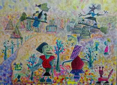 Картина под названием "Зубастые. Встреча" - Ulia Vasina, Подлинное произведение искусства, Акрил Установлен на Деревянная ра…