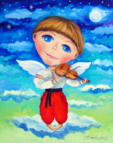 Картина под названием "Angel Violinist" - Olha, Подлинное произведение искусства, Масло Установлен на Деревянная рама для но…