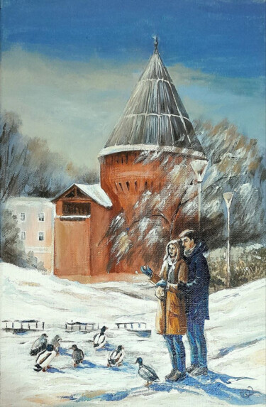 Painting titled "Winter, a couple in…" by Evgenia Rod Borovikova, Original Artwork, Acrylic Mounted on Wood Stretcher frame
