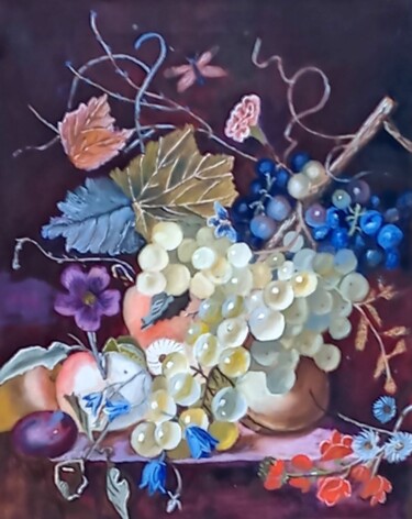 Painting titled "**“Grapes and Peach…" by Flora Solis, Original Artwork, Oil