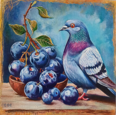 Картина под названием "Dove and Plums" - Sergey Suslov, Подлинное произведение искусства, Масло Установлен на картон
