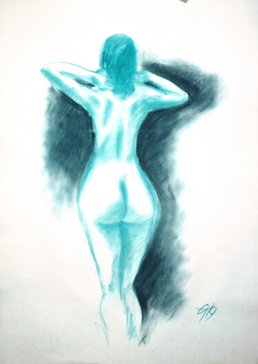 Drawing titled "Rückenakt grünlich." by Götz Wiedenroth, Original Artwork, Chalk