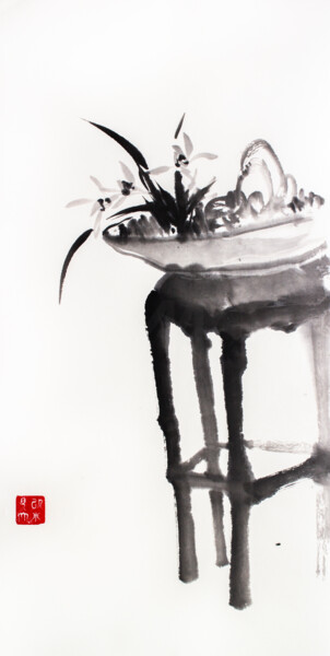 Malerei mit dem Titel "Orchid on the stool" von Kseniia Dueva, Original-Kunstwerk, Tinte