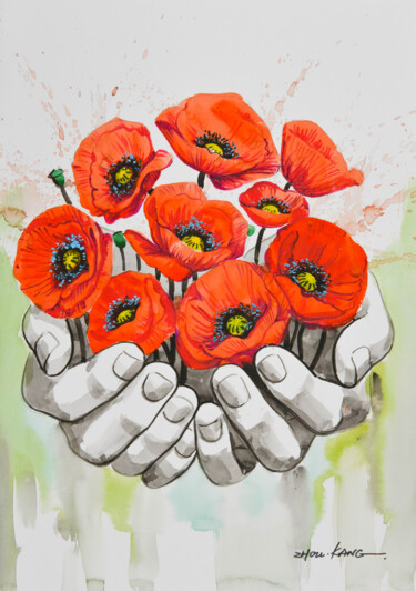 Картина под названием "poppy flower 2" - Kang Zhou, Подлинное произведение искусства, Акварель