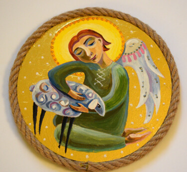Картина под названием "Angel with Lamb" - Zora, Подлинное произведение искусства, Акрил Установлен на Деревянная панель