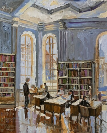 Painting titled "Open public library." by Vita Schagen, Original Artwork, Oil Mounted on Wood Stretcher frame