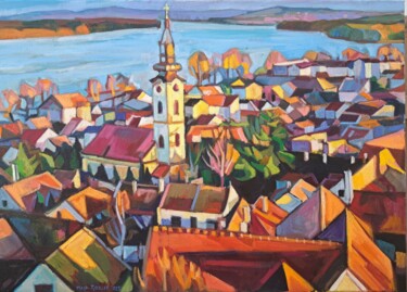 Painting titled "Zemun roofs, 1" by Maja Djokic Mihajlovic, Original Artwork, Oil