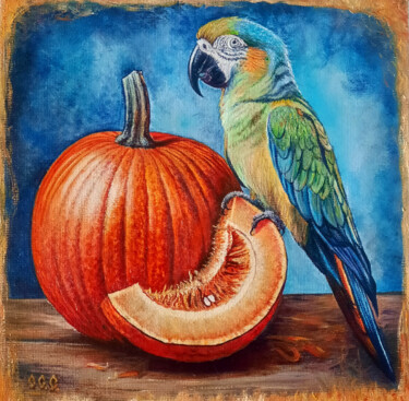 Картина под названием "Parrot with pumpkin" - Sergey Suslov, Подлинное произведение искусства, Масло Установлен на картон