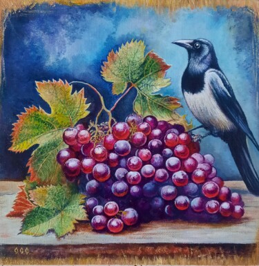 Картина под названием "Magpie and grapes" - Sergey Suslov, Подлинное произведение искусства, Масло Установлен на картон