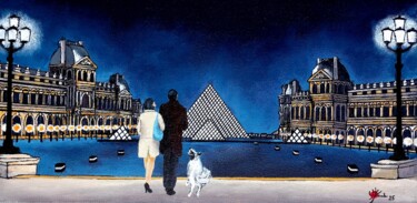 Schilderij getiteld "Nuit au Louvre" door Marc Parmentier, Origineel Kunstwerk, Acryl Gemonteerd op Frame voor houten branca…