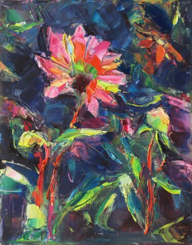 Painting titled "Fleurs d'automne" by Marta Lipowska, Original Artwork, Oil Mounted on Wood Stretcher frame