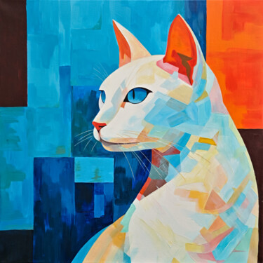 Painting titled "Cubist White Cat wi…" by Viktoriia Gladkova, Original Artwork, Acrylic Mounted on Wood Stretcher frame