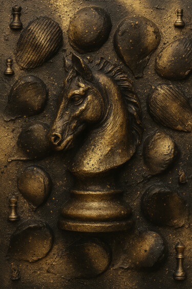 Digital Arts titled "GoldenChess Horse" by Naïah, Original Artwork, AI generated image