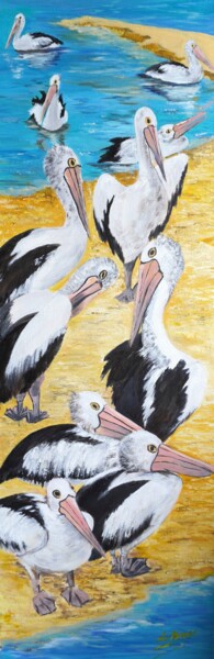 Картина под названием "Pelican feeding" - Liana Brennan, Подлинное произведение искусства, Масло Установлен на Деревянная ра…