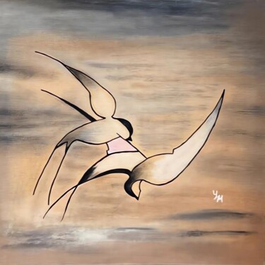 Картина под названием "Swallows Pink" - Yuliya Mi, Подлинное произведение искусства, Масло Установлен на картон