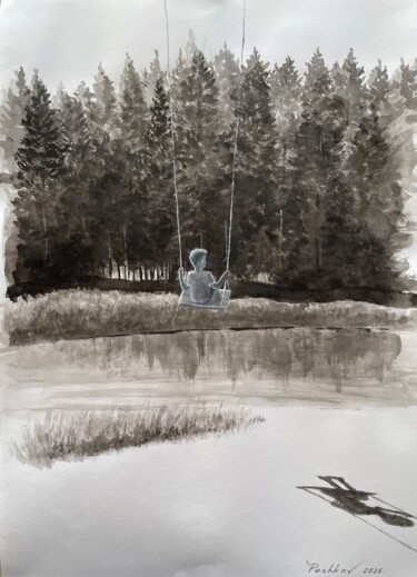 Painting titled "На качелях." by Yury Peshkov, Original Artwork, Ink