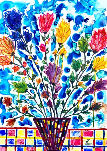 Картина под названием "La nappe à carreaux" - Jean Marc Collombat, Подлинное произведение искусства, Акварель