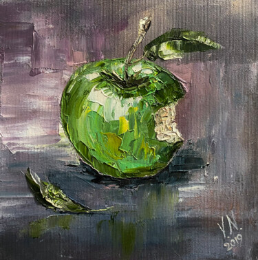 Painting titled "Green apple" by Volodymyr Nezdiimynoha, Original Artwork, Oil Mounted on Wood Stretcher frame