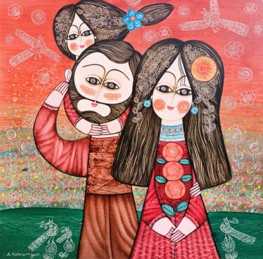 Schilderij getiteld "Family Harmony" door Armen Vahramyan, Origineel Kunstwerk, Olie Gemonteerd op Frame voor houten brancard