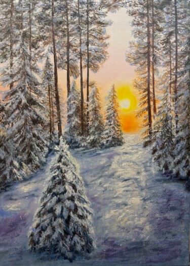 Painting titled "Winter Morning in t…" by Natalia Savonina, Original Artwork, Oil Mounted on Wood Stretcher frame