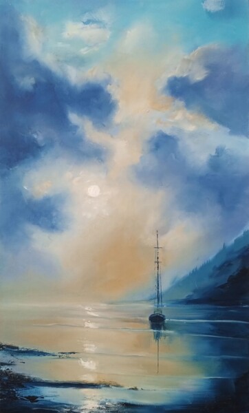 Painting titled "Mist over Still Wat…" by Inna Agadullina, Original Artwork, Oil Mounted on Cardboard