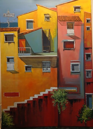 Malerei mit dem Titel "Un type de maison" von Nathalie Choury, Original-Kunstwerk, Öl Auf Keilrahmen aus Holz montiert