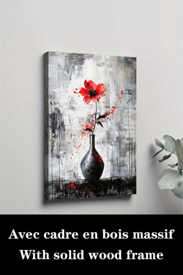 Printmaking titled "Retro Red Flower Ab…" by Jiang Hua Liang, Original Artwork, Inkjet Mounted on Wood Stretcher frame
